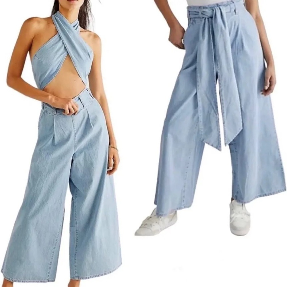 Free People Sasha We The Free Light Blue Denim Jumpsuit